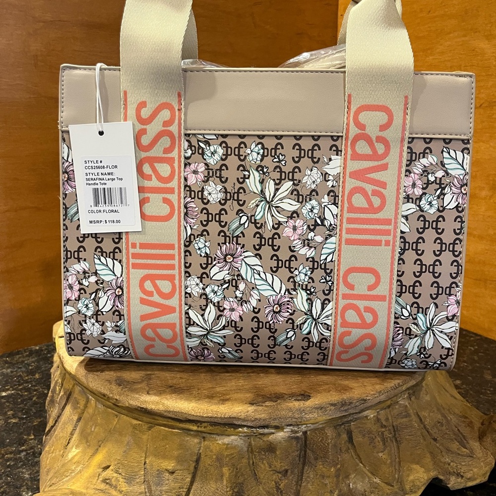 Cavalli Class Beige and Pink Floral Tote